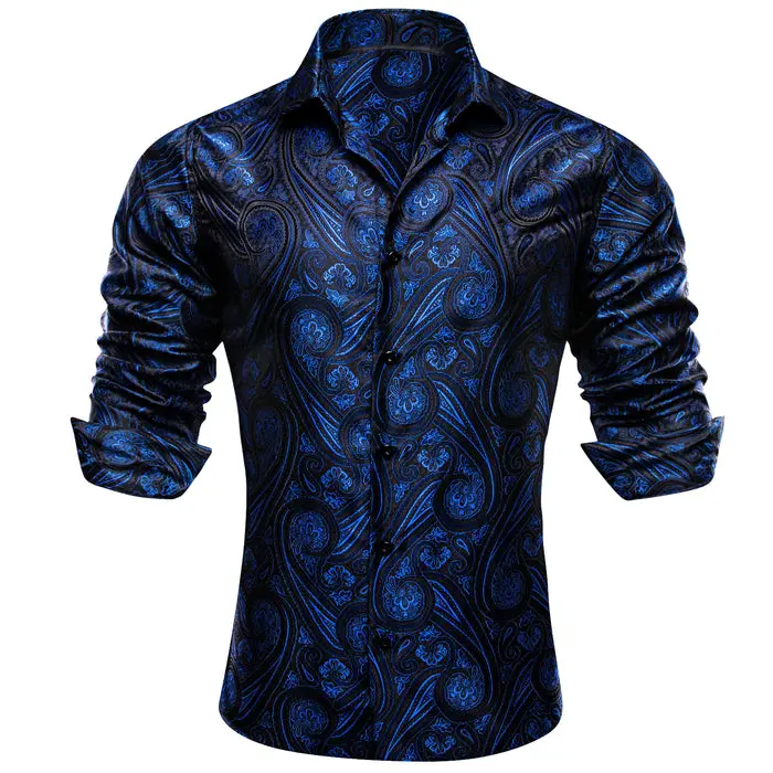 Men's Paisley Print Dress Shirt — Long Sleeve, Wrinkle-Free, Button-Down Collar, Denim Style. Blending both casual and formal aesthetics, this regular-fit black shirt serves as a wardrobe staple suitable for both business environments and everyday wear.