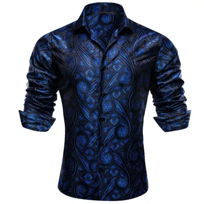 Men's Paisley Print Dress Shirt — Long Sleeve, Wrinkle-Free, Button-Down Collar, Denim Style. Blending both casual and formal aesthetics, this regular-fit black shirt serves as a wardrobe staple suitable for both business environments and everyday wear.