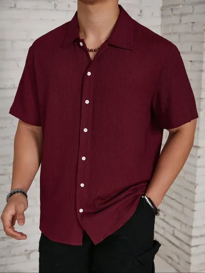 Men's Textured Button Front Shirt, Casual Classic Regular Fit Short Sleeve Plain Collared Top for Summer, Summer Leisure Top 2024, National Day Clothing, Button Up Tops, Men's Clothes for Daily Wear