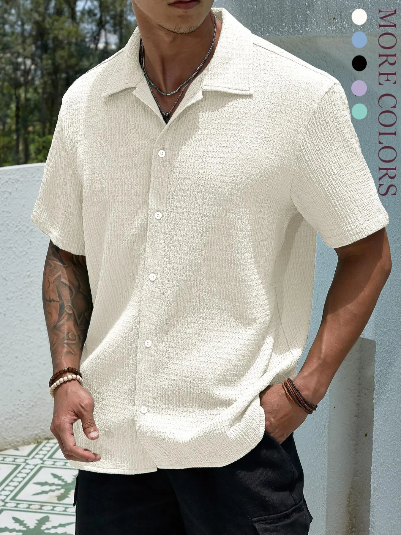 Men's Textured Button Front Shirt, Casual Classic Regular Fit Short Sleeve Plain Collared Top for Summer, Summer Leisure Top 2024, National Day Clothing, Button Up Tops, Men's Clothes for Daily Wear