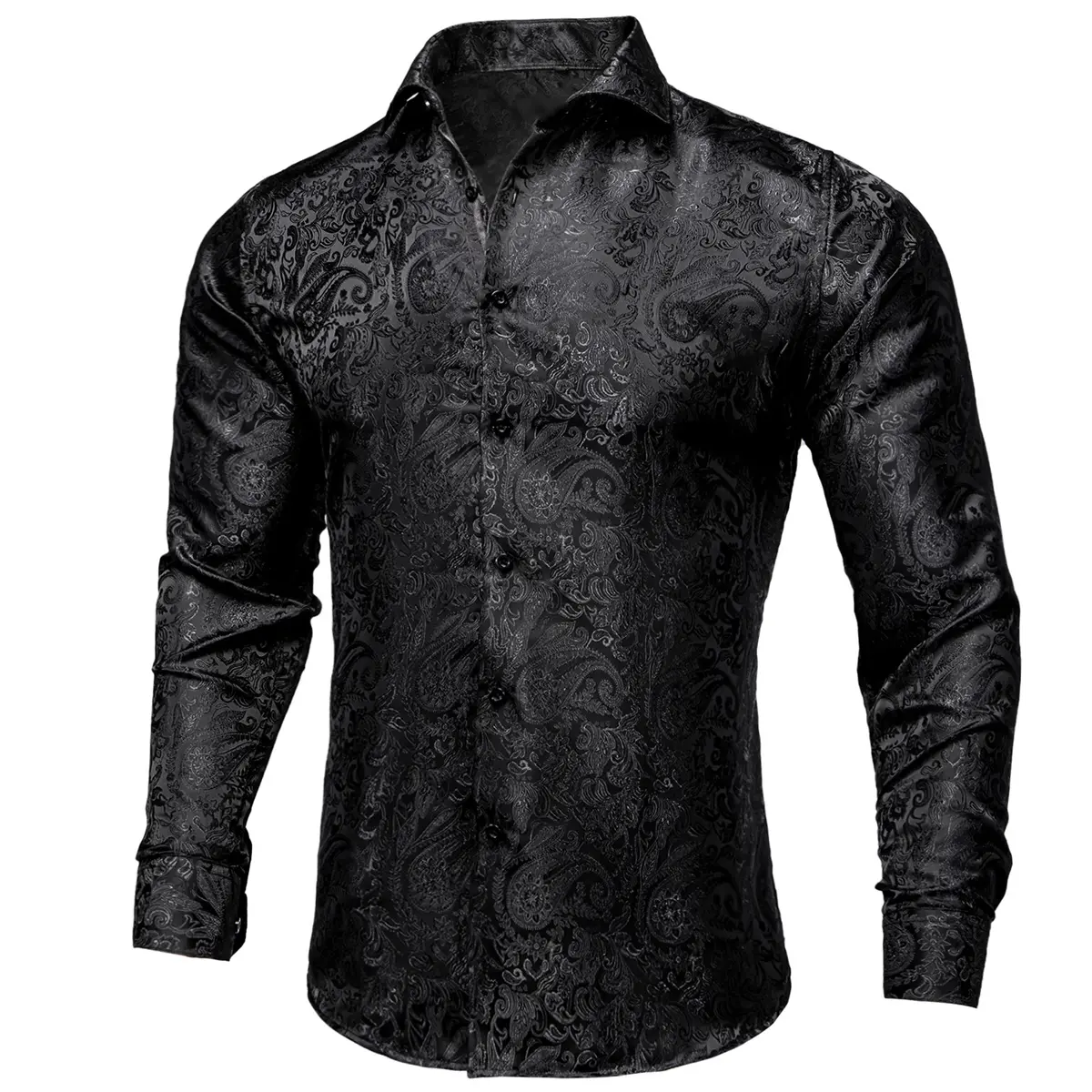 Men's Paisley Print Dress Shirt — Long Sleeve, Wrinkle-Free, Button-Down Collar, Denim Style. Blending both casual and formal aesthetics, this regular-fit black shirt serves as a wardrobe staple suitable for both business environments and everyday wear.