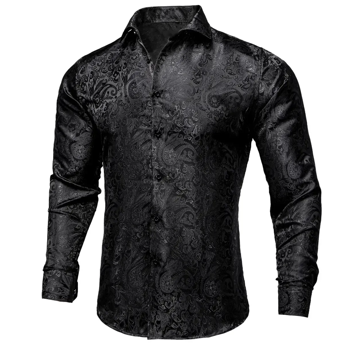 Men's Paisley Print Dress Shirt — Long Sleeve, Wrinkle-Free, Button-Down Collar, Denim Style. Blending both casual and formal aesthetics, this regular-fit black shirt serves as a wardrobe staple suitable for both business environments and everyday wear.