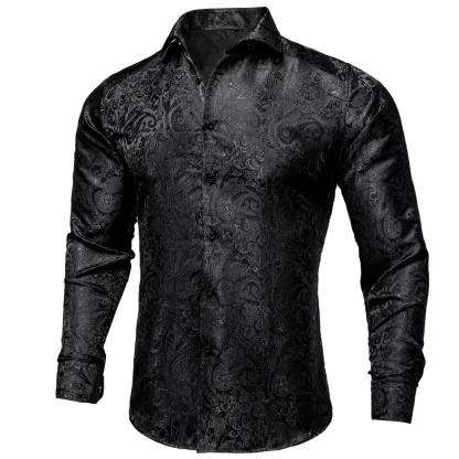 Men's Paisley Print Dress Shirt — Long Sleeve, Wrinkle-Free, Button-Down Collar, Denim Style. Blending both casual and formal aesthetics, this regular-fit black shirt serves as a wardrobe staple suitable for both business environments and everyday wear.