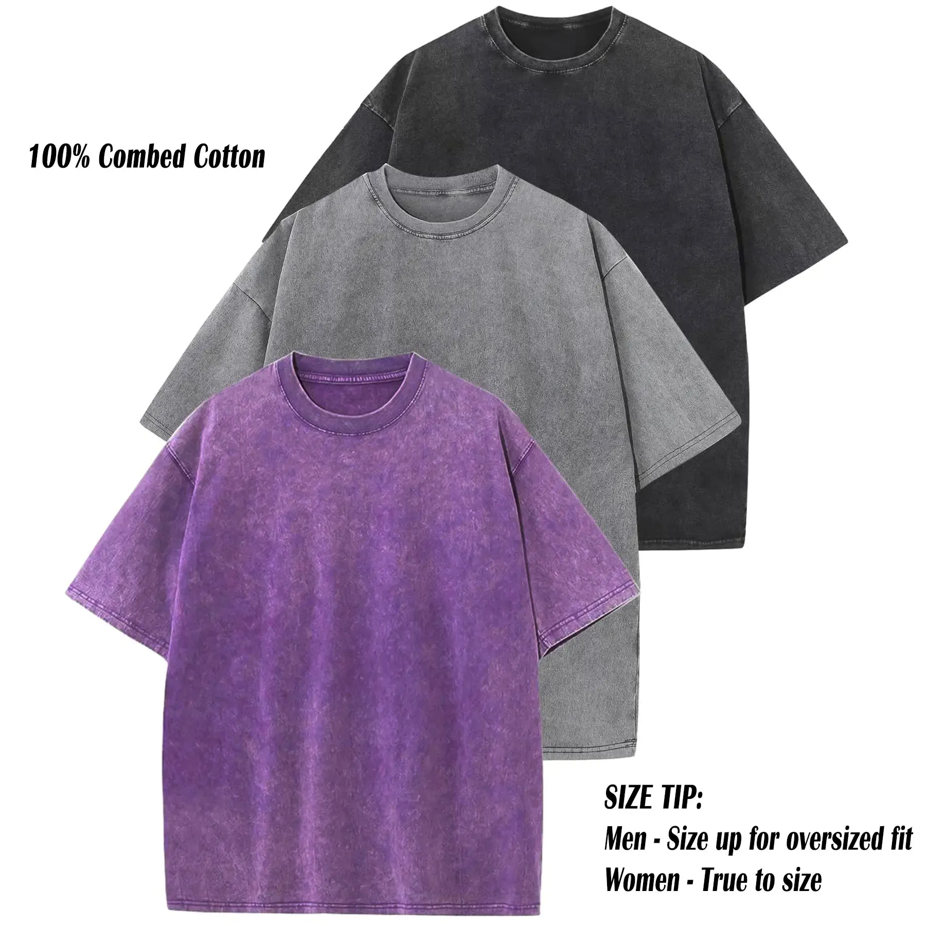 ARSSM 3 Pack Acid Wash Unisex Oversized Cotton T-Shirt Crew Neck Half Short Sleeve Summer Top Casual Loose Fit Solid Streetwear Comfortable Tees Basic Womenswear Shortsleeve Tshirt