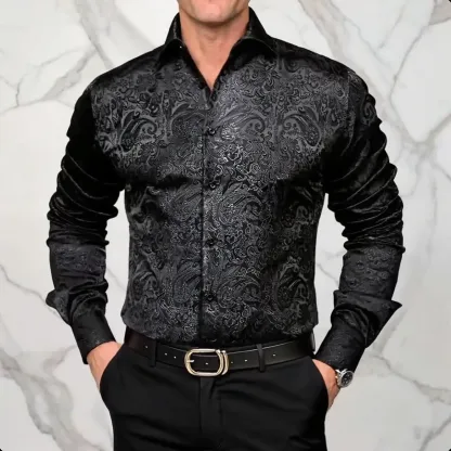 Men's Paisley Print Dress Shirt — Long Sleeve, Wrinkle-Free, Button-Down Collar, Denim Style. Blending both casual and formal aesthetics, this regular-fit black shirt serves as a wardrobe staple suitable for both business environments and everyday wear.