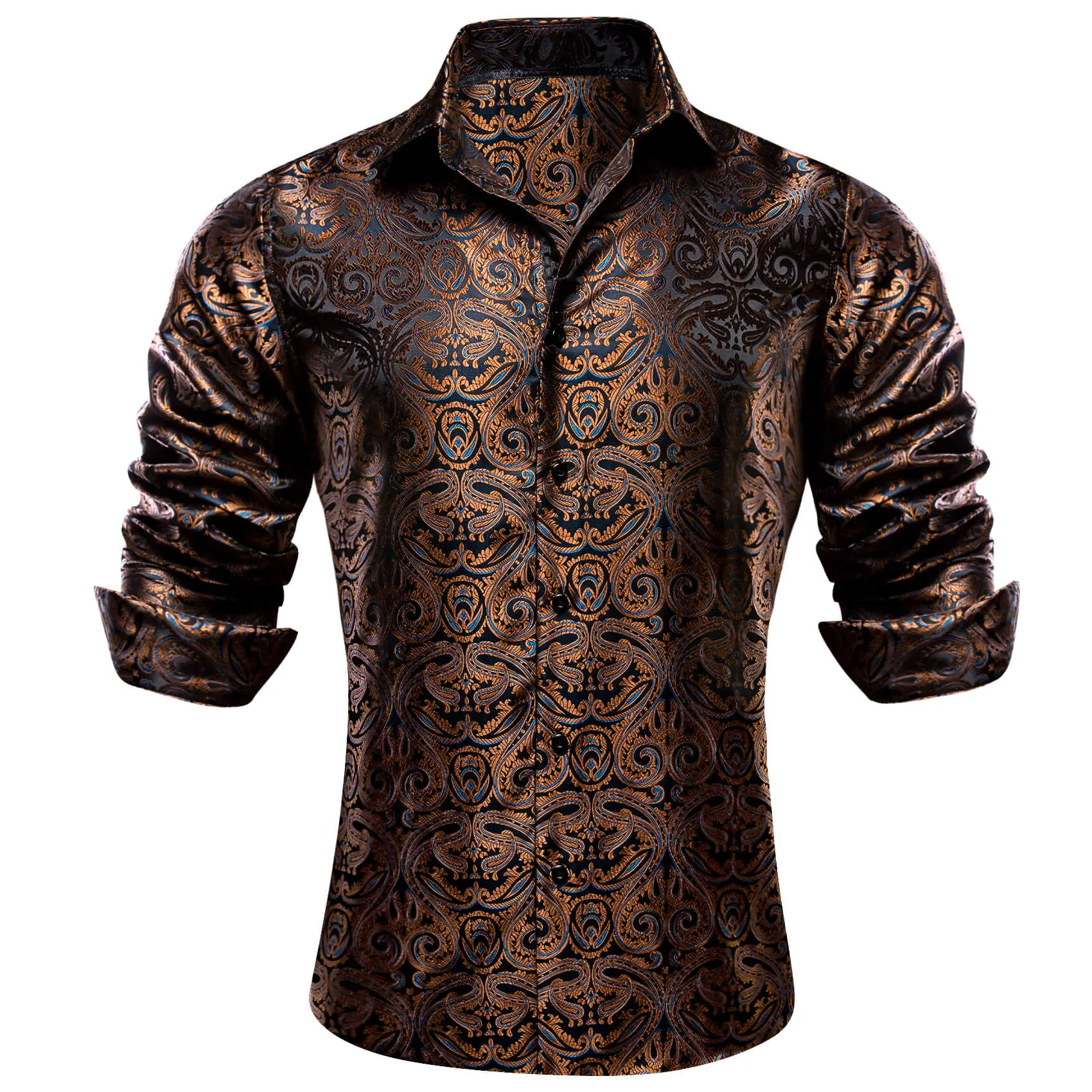 Men's Paisley Print Dress Shirt — Long Sleeve, Wrinkle-Free, Button-Down Collar, Denim Style. Blending both casual and formal aesthetics, this regular-fit black shirt serves as a wardrobe staple suitable for both business environments and everyday wear.