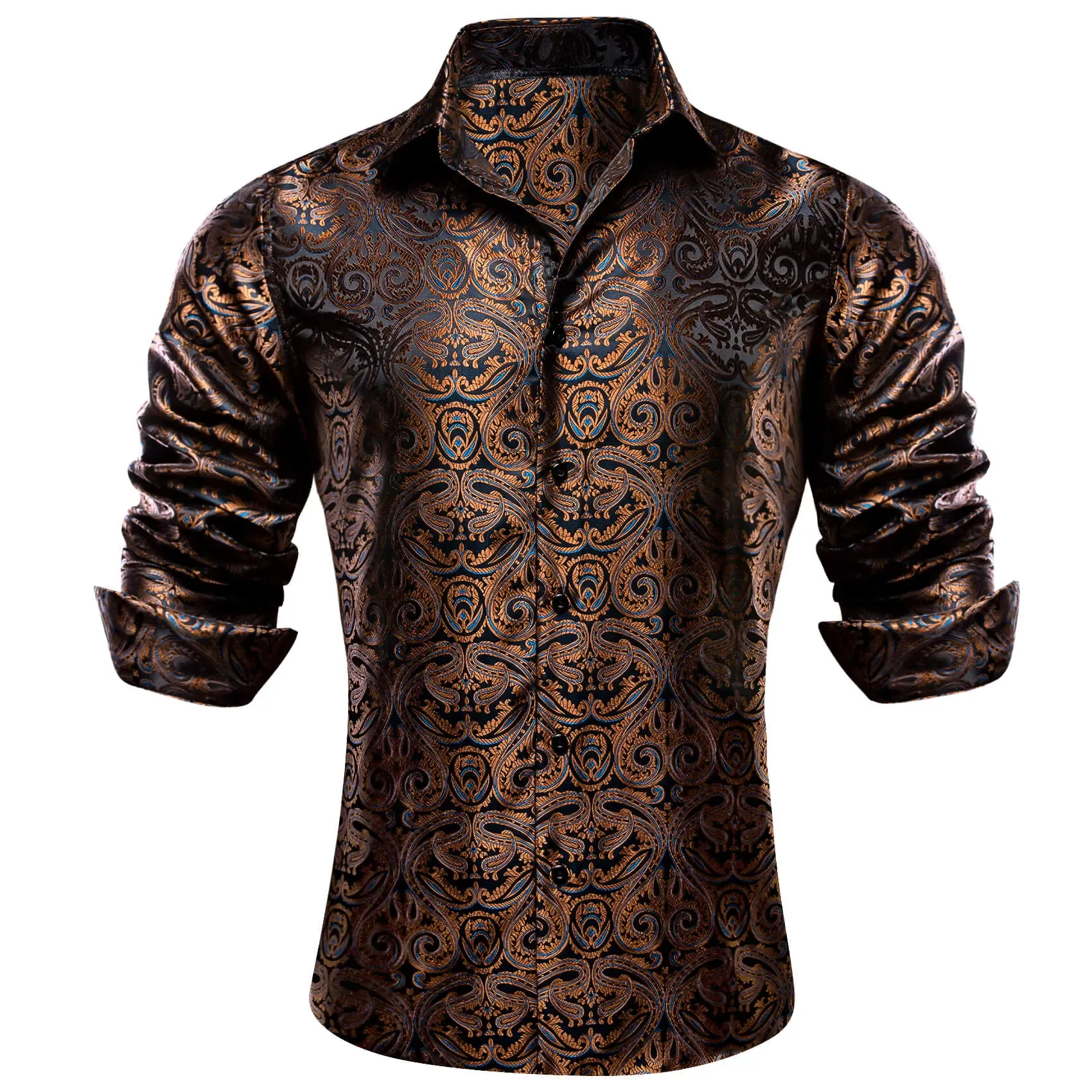 Men's Paisley Print Dress Shirt — Long Sleeve, Wrinkle-Free, Button-Down Collar, Denim Style. Blending both casual and formal aesthetics, this regular-fit black shirt serves as a wardrobe staple suitable for both business environments and everyday wear.