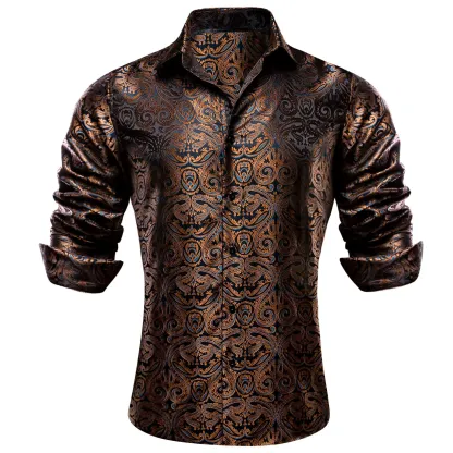 Men's Paisley Print Dress Shirt — Long Sleeve, Wrinkle-Free, Button-Down Collar, Denim Style. Blending both casual and formal aesthetics, this regular-fit black shirt serves as a wardrobe staple suitable for both business environments and everyday wear.