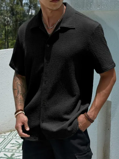 Men's Textured Button Front Shirt, Casual Classic Regular Fit Short Sleeve Plain Collared Top for Summer, Summer Leisure Top 2024, National Day Clothing, Button Up Tops, Men's Clothes for Daily Wear