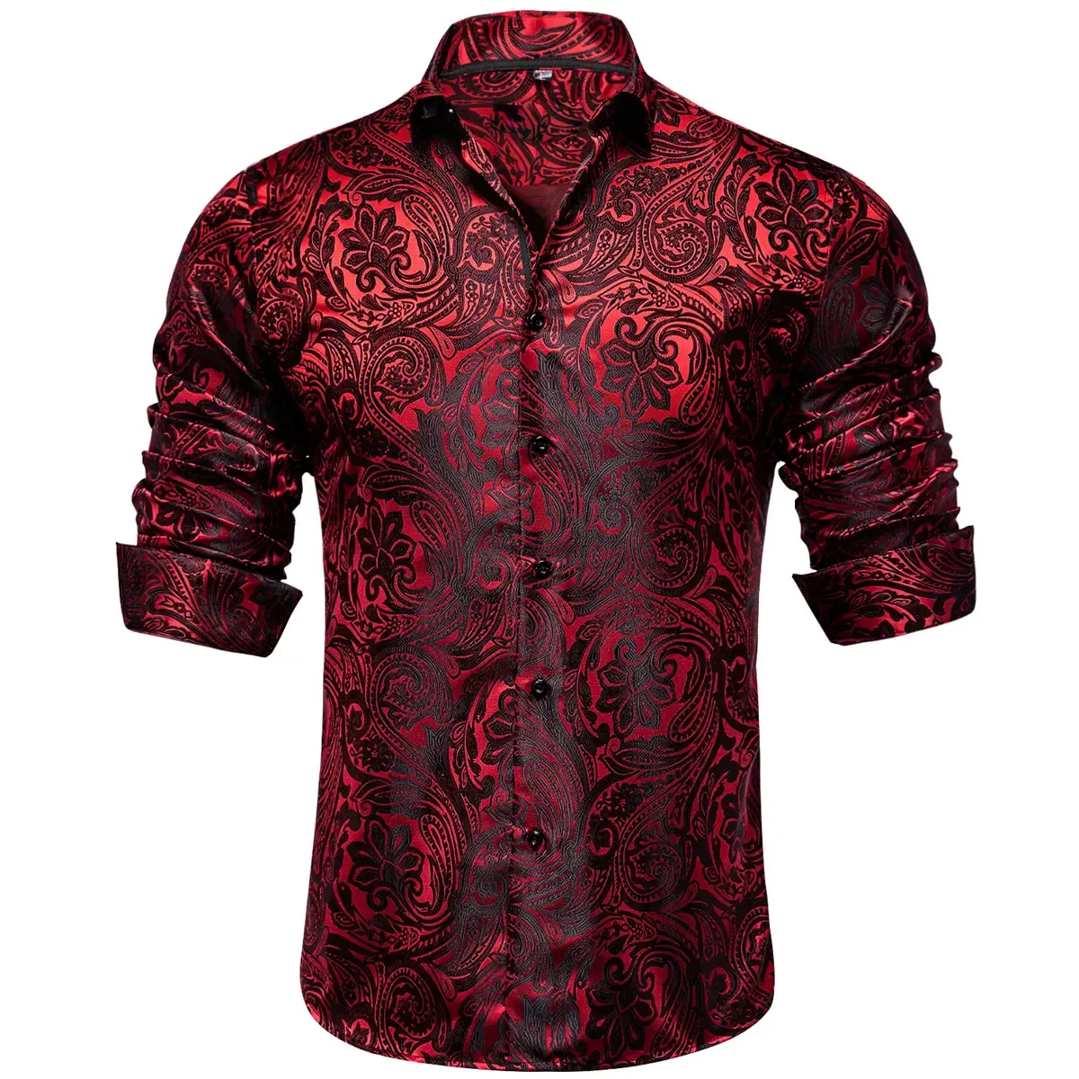 Men's Paisley Print Dress Shirt — Long Sleeve, Wrinkle-Free, Button-Down Collar, Denim Style. Blending both casual and formal aesthetics, this regular-fit black shirt serves as a wardrobe staple suitable for both business environments and everyday wear.