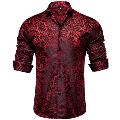 Men's Paisley Print Dress Shirt — Long Sleeve, Wrinkle-Free, Button-Down Collar, Denim Style. Blending both casual and formal aesthetics, this regular-fit black shirt serves as a wardrobe staple suitable for both business environments and everyday wear.