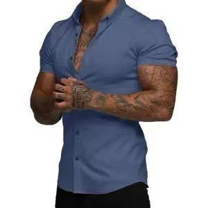Men's Stretch Dress Shirt — Short-Sleeve, Slim-Fit, Business-Casual Button-Down Shirt with Muscle-Fit Design