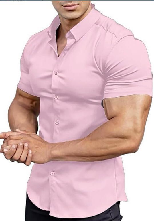 Men's Stretch Dress Shirt — Short-Sleeve, Slim-Fit, Business-Casual Button-Down Shirt with Muscle-Fit Design