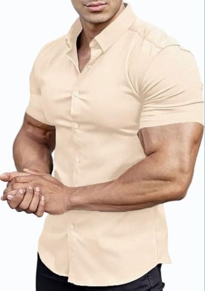 Men's Stretch Dress Shirt — Short-Sleeve, Slim-Fit, Business-Casual Button-Down Shirt with Muscle-Fit Design