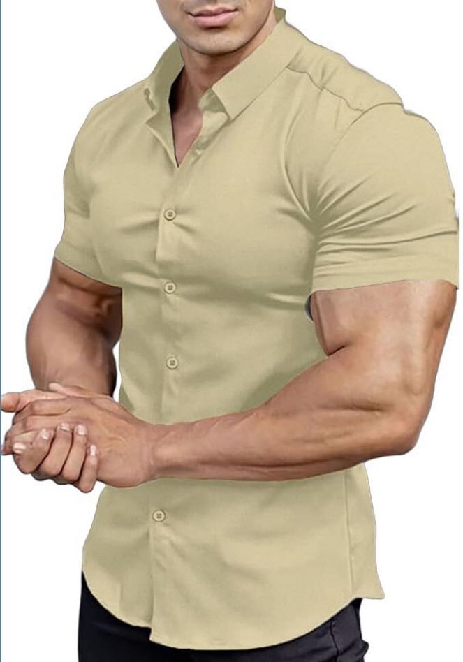 Men's Stretch Dress Shirt — Short-Sleeve, Slim-Fit, Business-Casual Button-Down Shirt with Muscle-Fit Design