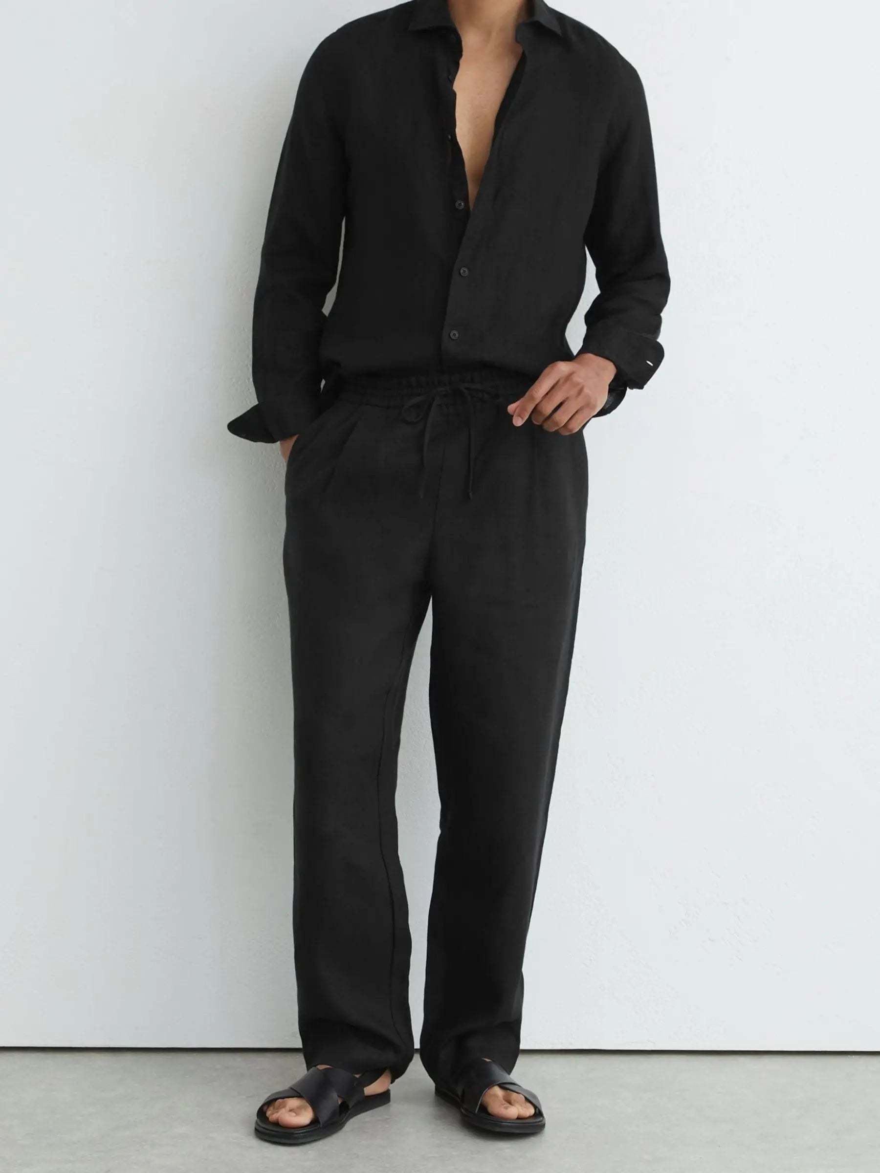 100% Linen Relaxed-Fit Drawstring Trousers