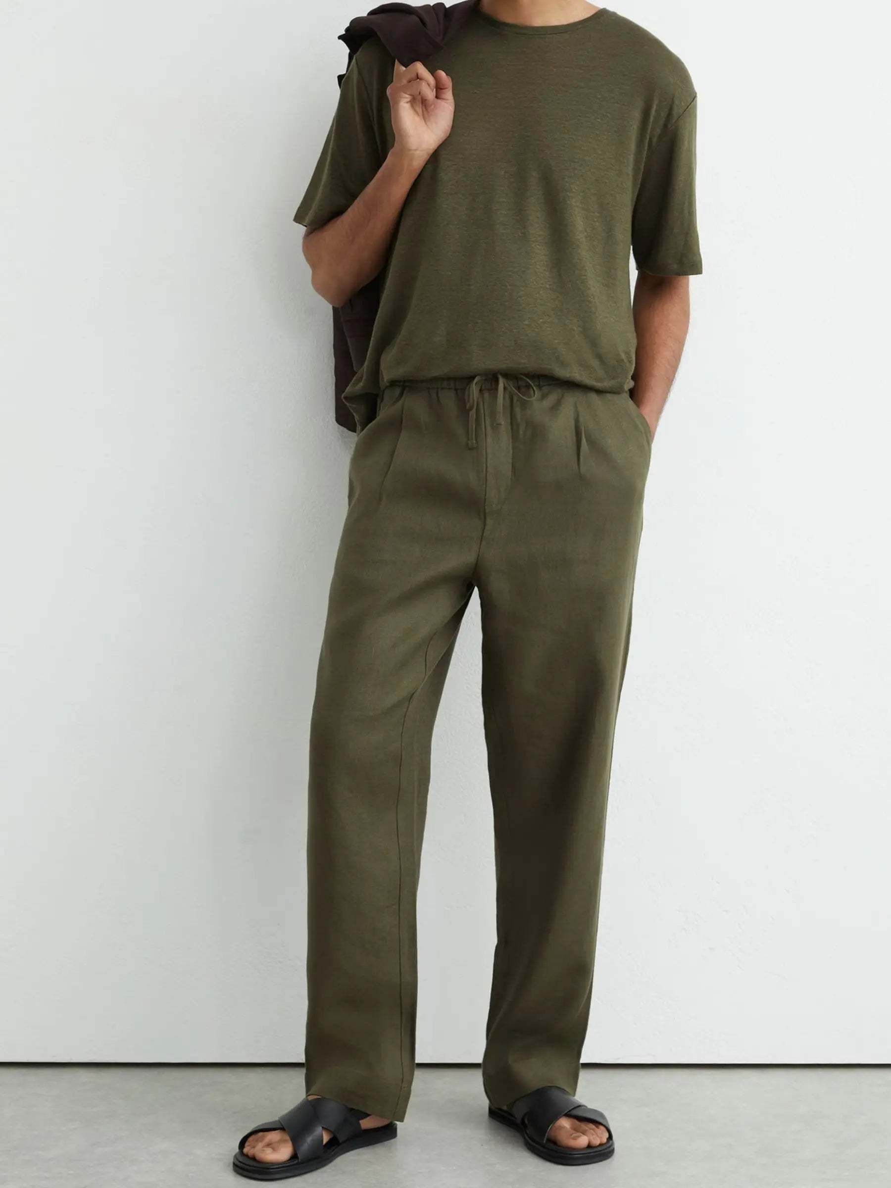 100% Linen Relaxed-Fit Drawstring Trousers