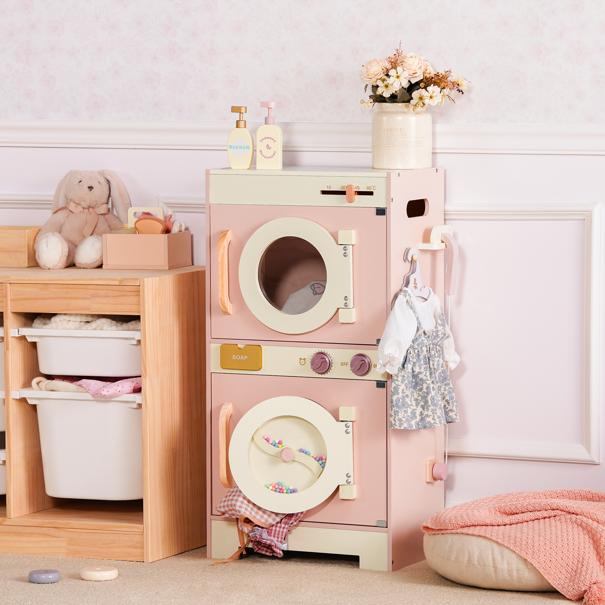 ROBUD Wooden Pink Washing Machine With Dryer