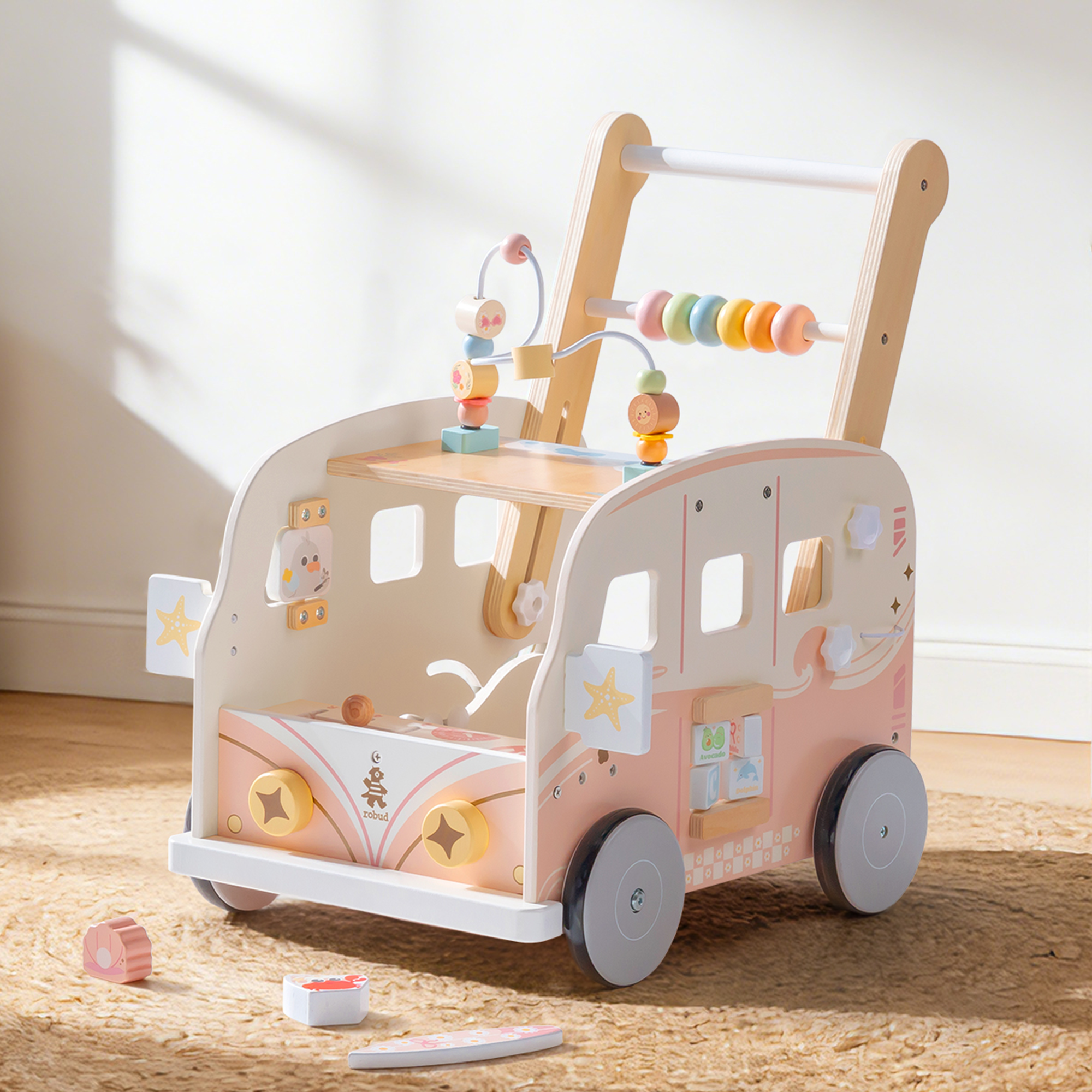 ROBUD Trotteur en Bois pour Bébé – Bus de Vacances Rose – Image 1