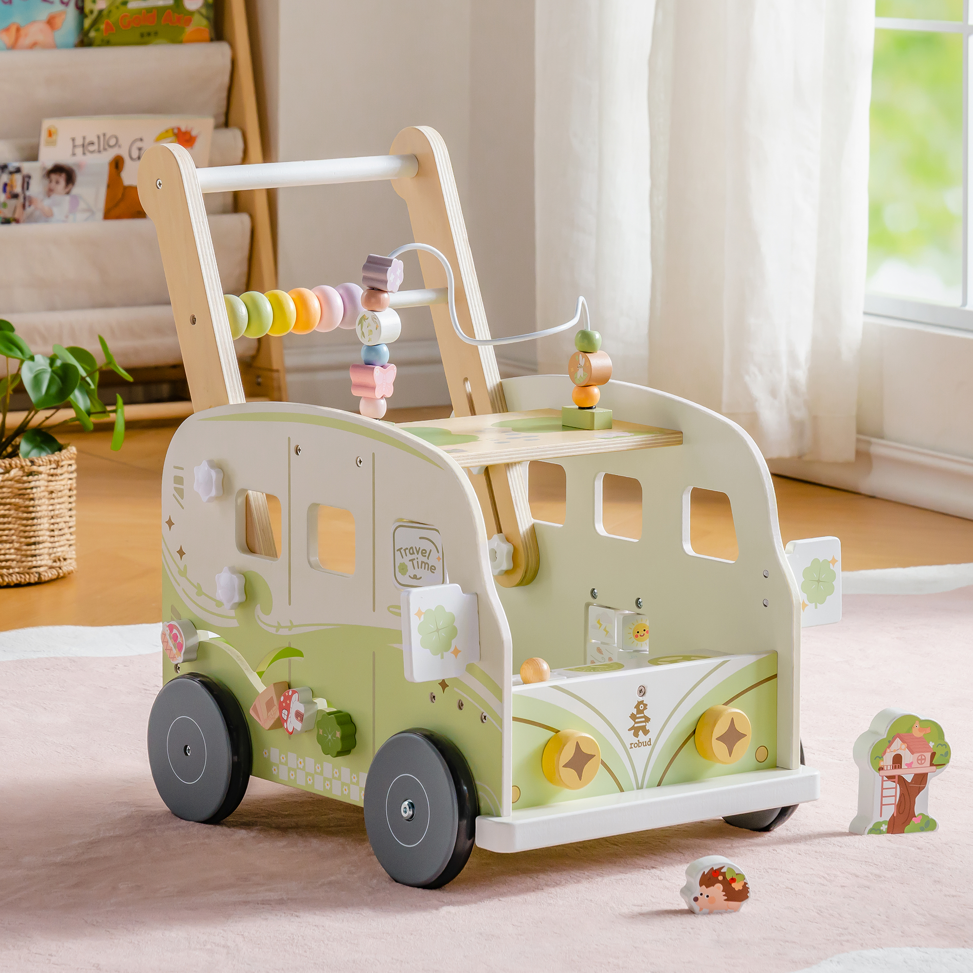 ROBUD Trotteur en Bois pour Bébé – Bus de Vacances Vert – Image 2