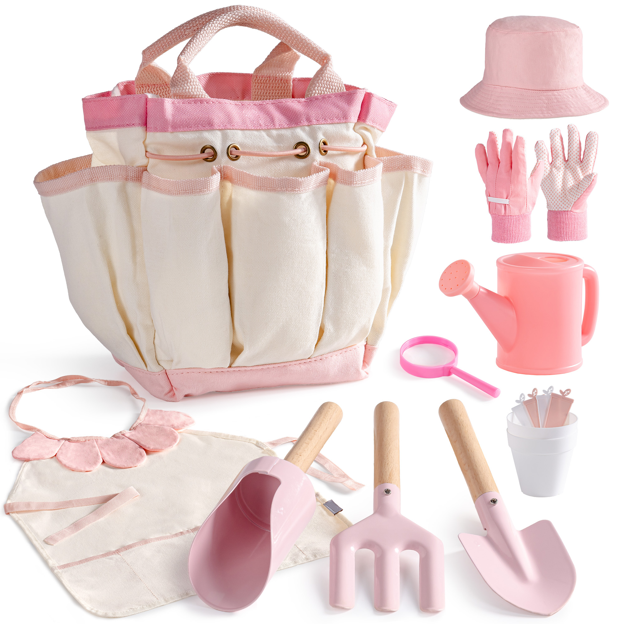 ROBUD Kids Gardening Set, 17PCS Kids Gardening Tools for Girls, Toddler Gardening Set with Hat, Apron, Gloves, Watering Can & Tool Bag