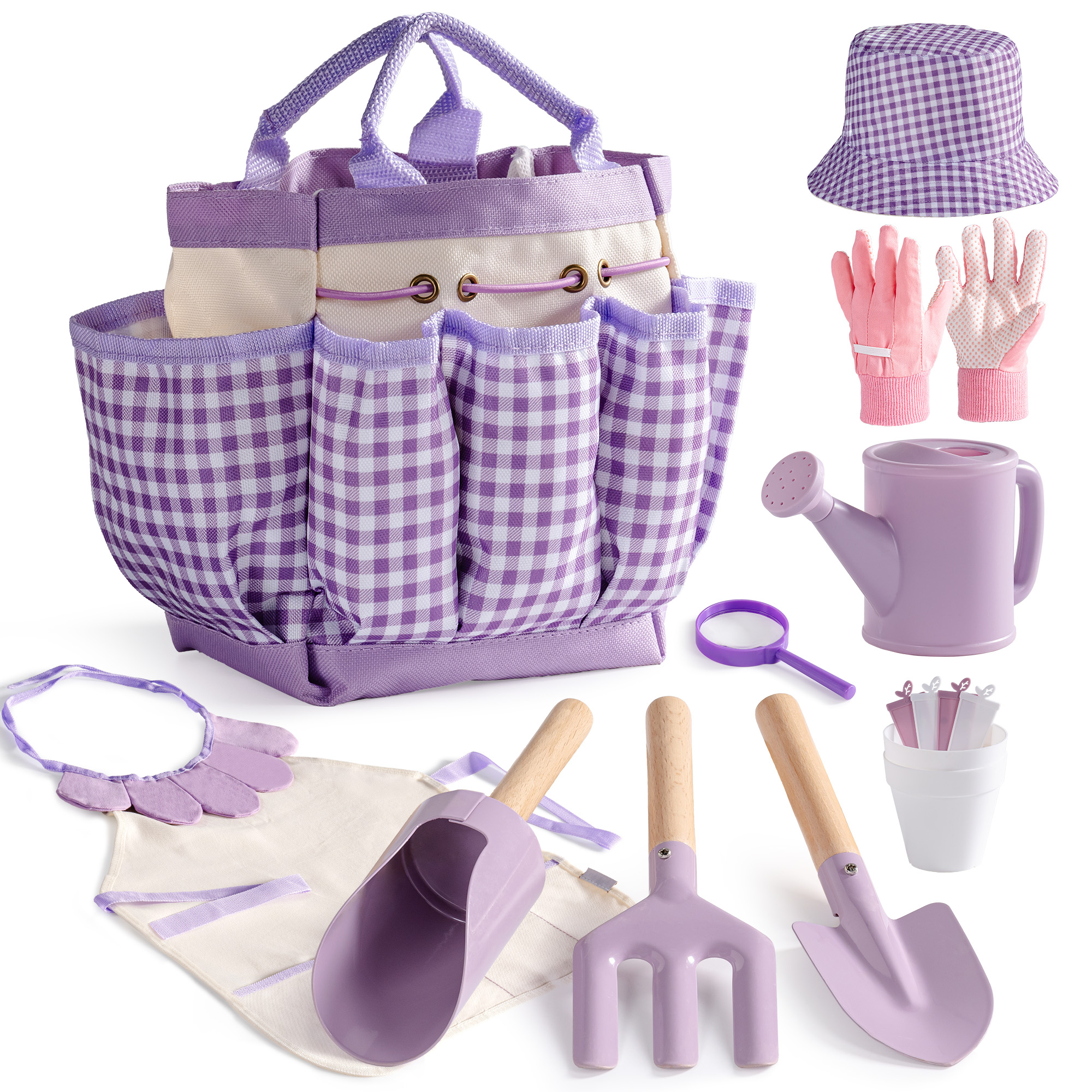 ROBUD Kit de jardin pour enfants de 18 pièces avec arrosoir, gants, tablier, chapeau et sac pour garçons et filles à partir de 3 ans