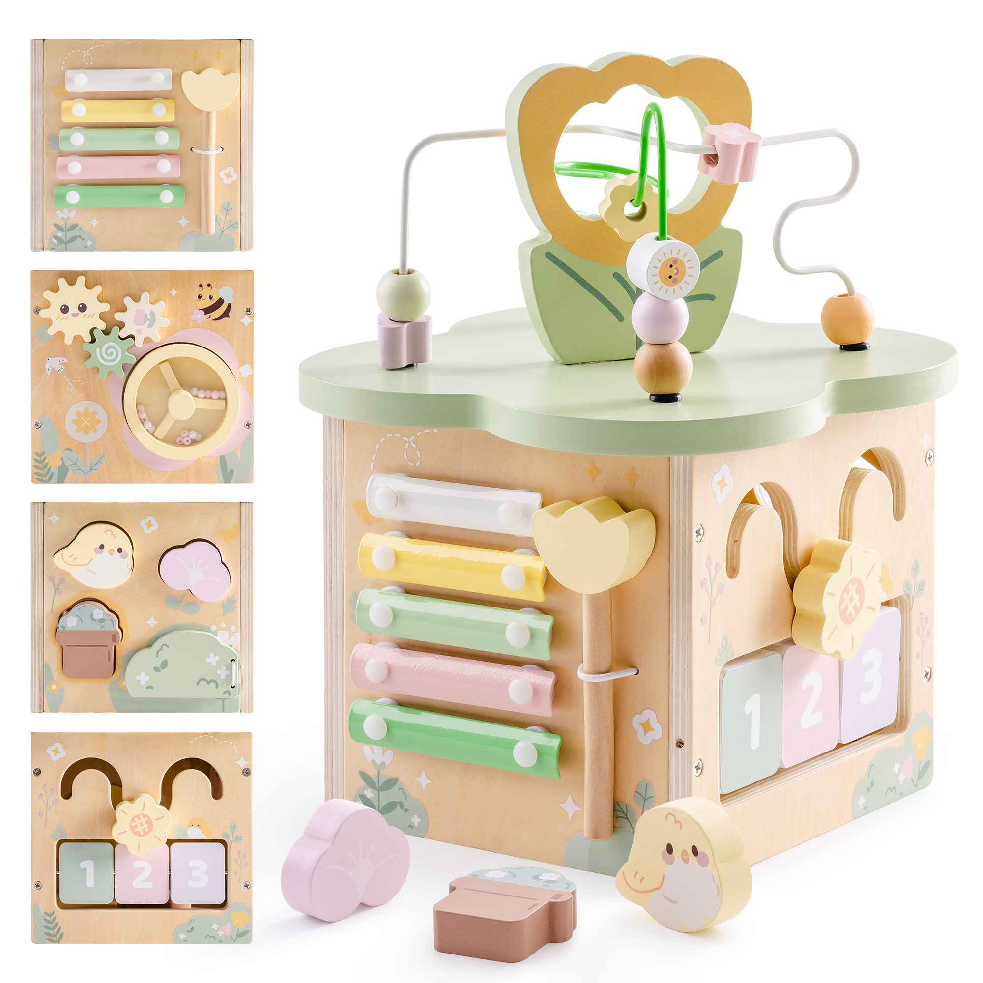 ROBUD Wooden Activity Cube - Flower Bush Theme