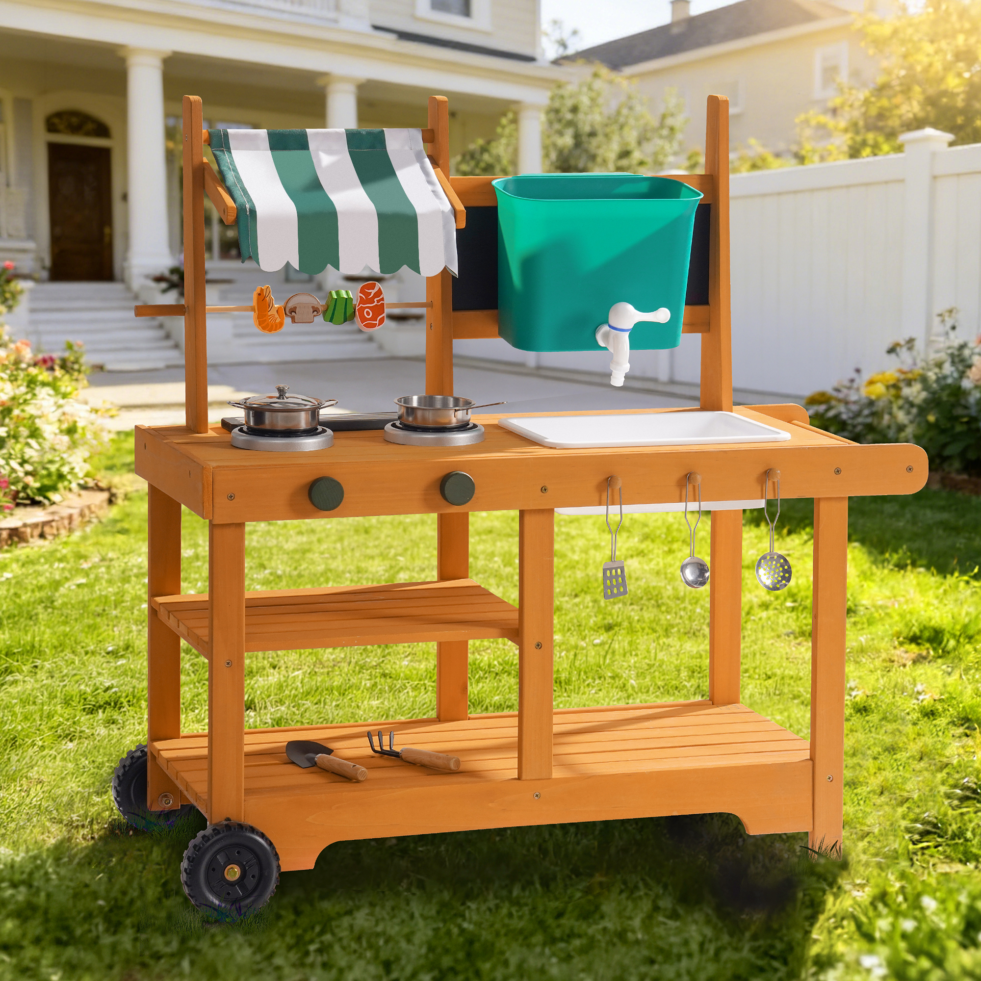 ROBUD Mud Kitchen for Kids Outdoor with Canopy & Wheels