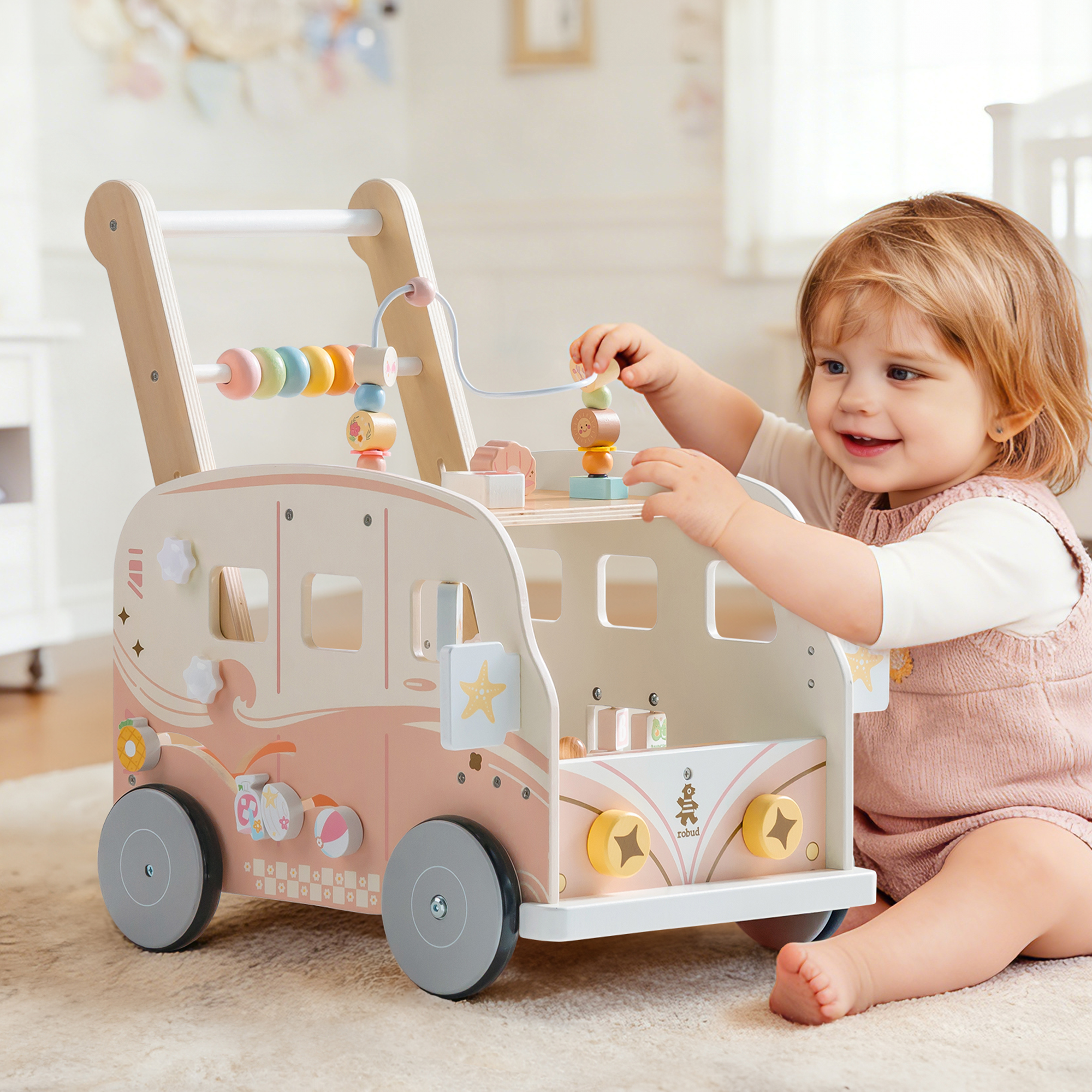 ROBUD Trotteur en Bois pour Bébé – Bus de Vacances Rose – Image 4