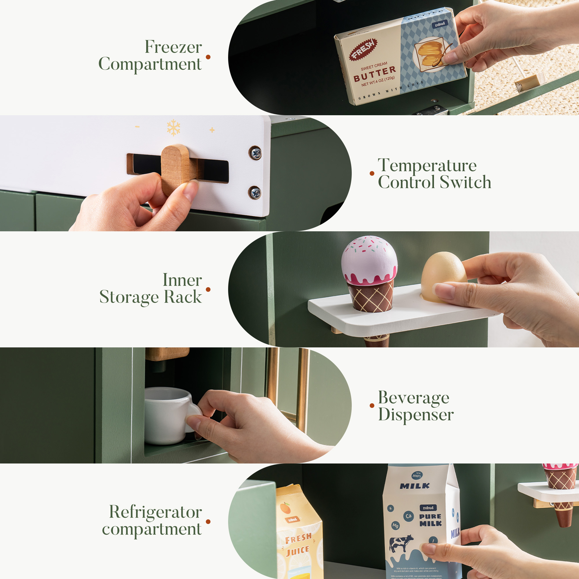 ROBUD Réfrigérateur Jouet en Bois - Vert Vintage