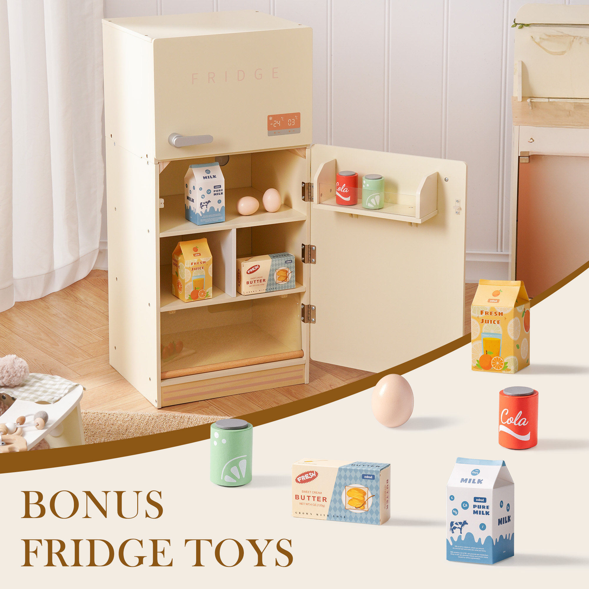 ROBUD Wooden Kids Play Kitchen Fridge Creamy