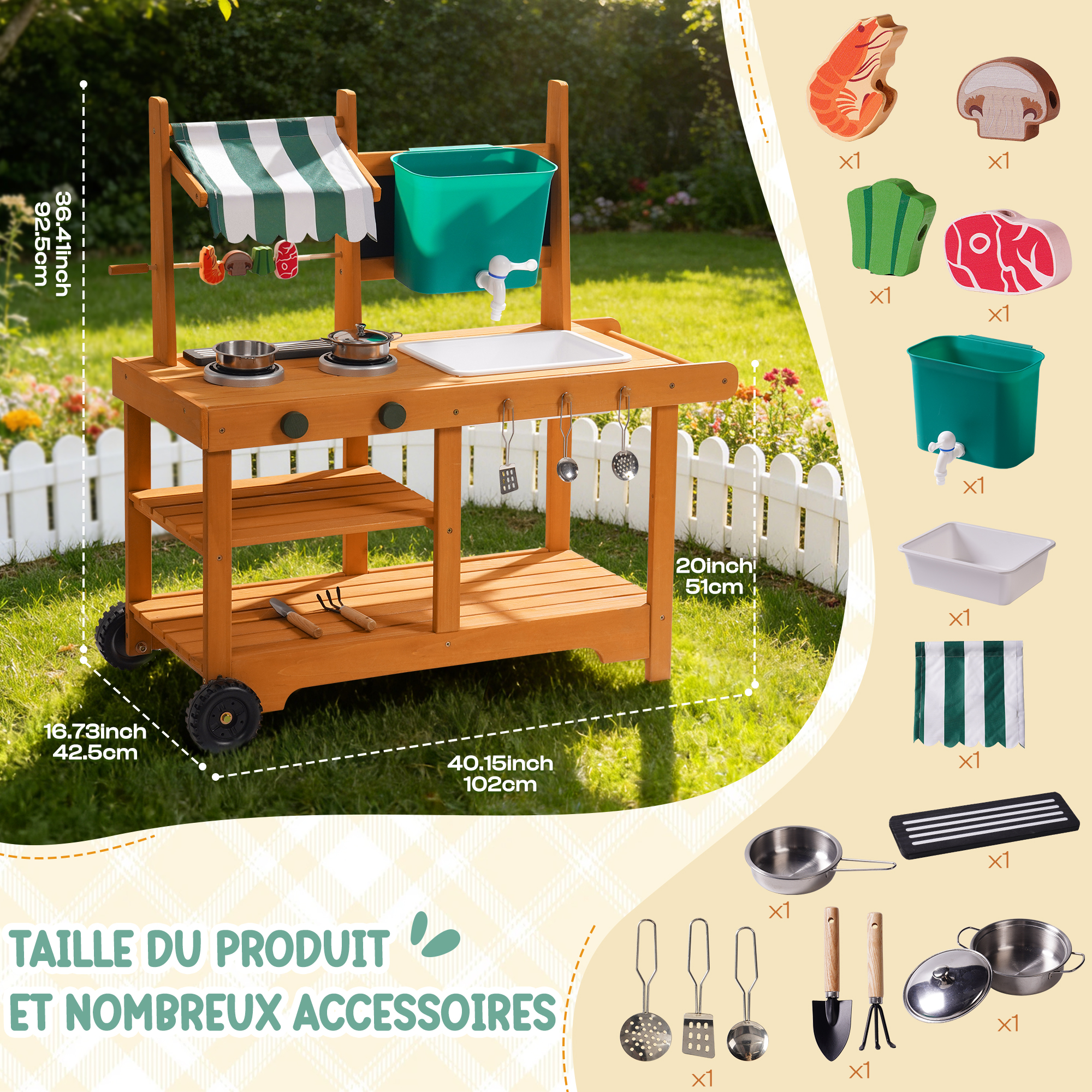 ROBUD Cuisine de Boue Pour Enfants en Extérieur Avec Auvent et Roues