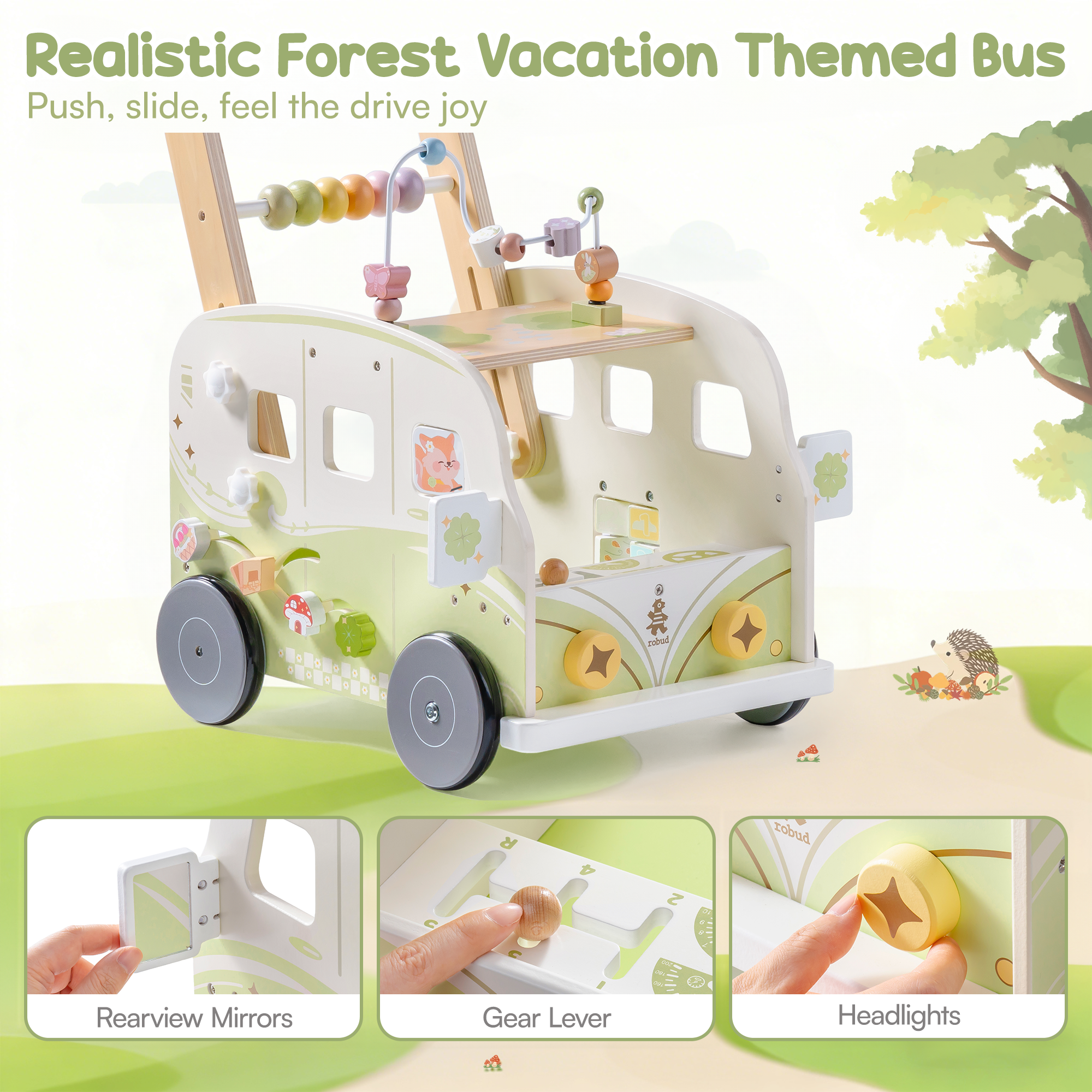 ROBUD Trotteur en Bois pour Bébé – Bus de Vacances Vert – Image 8