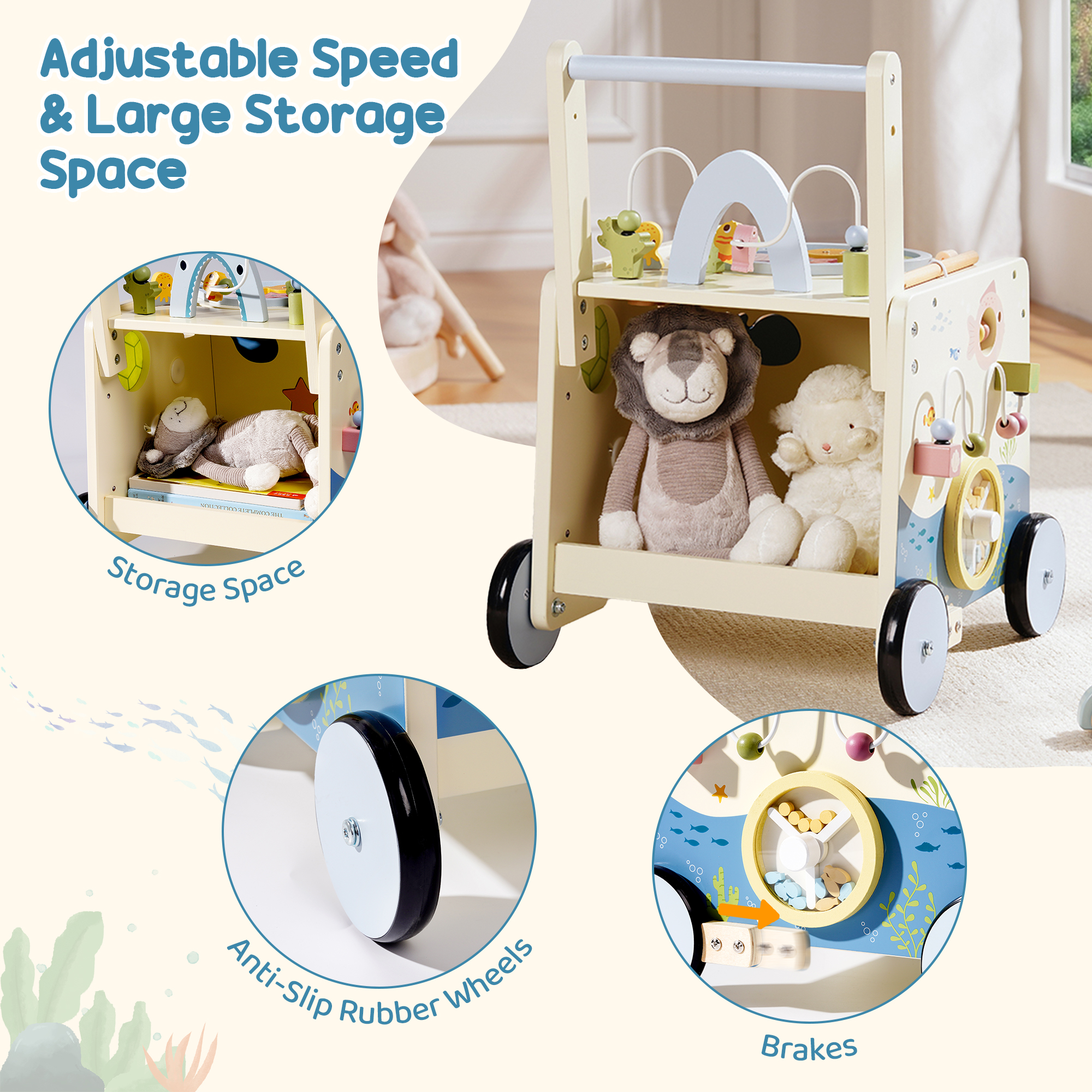 ROBUD Wooden Baby Push Walker - Underwater World