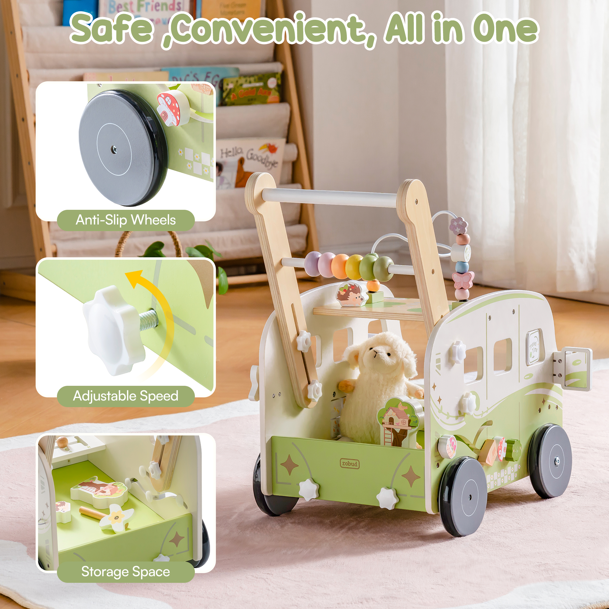 ROBUD Trotteur en Bois pour Bébé – Bus de Vacances Vert – Image 9