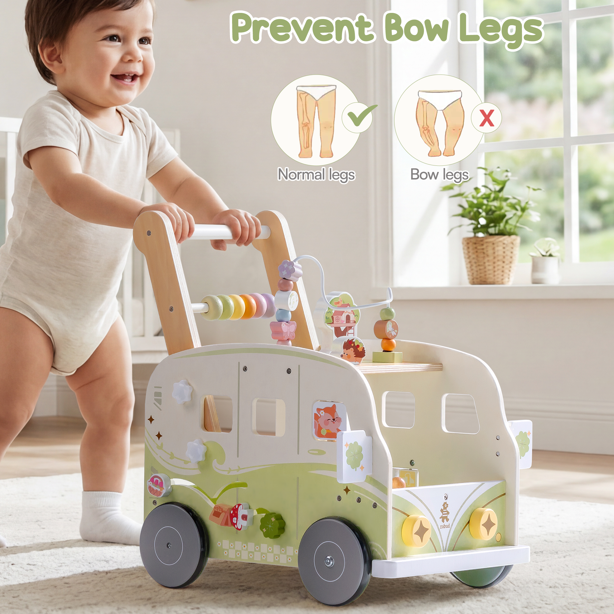 ROBUD Trotteur en Bois pour Bébé – Bus de Vacances Vert – Image 5