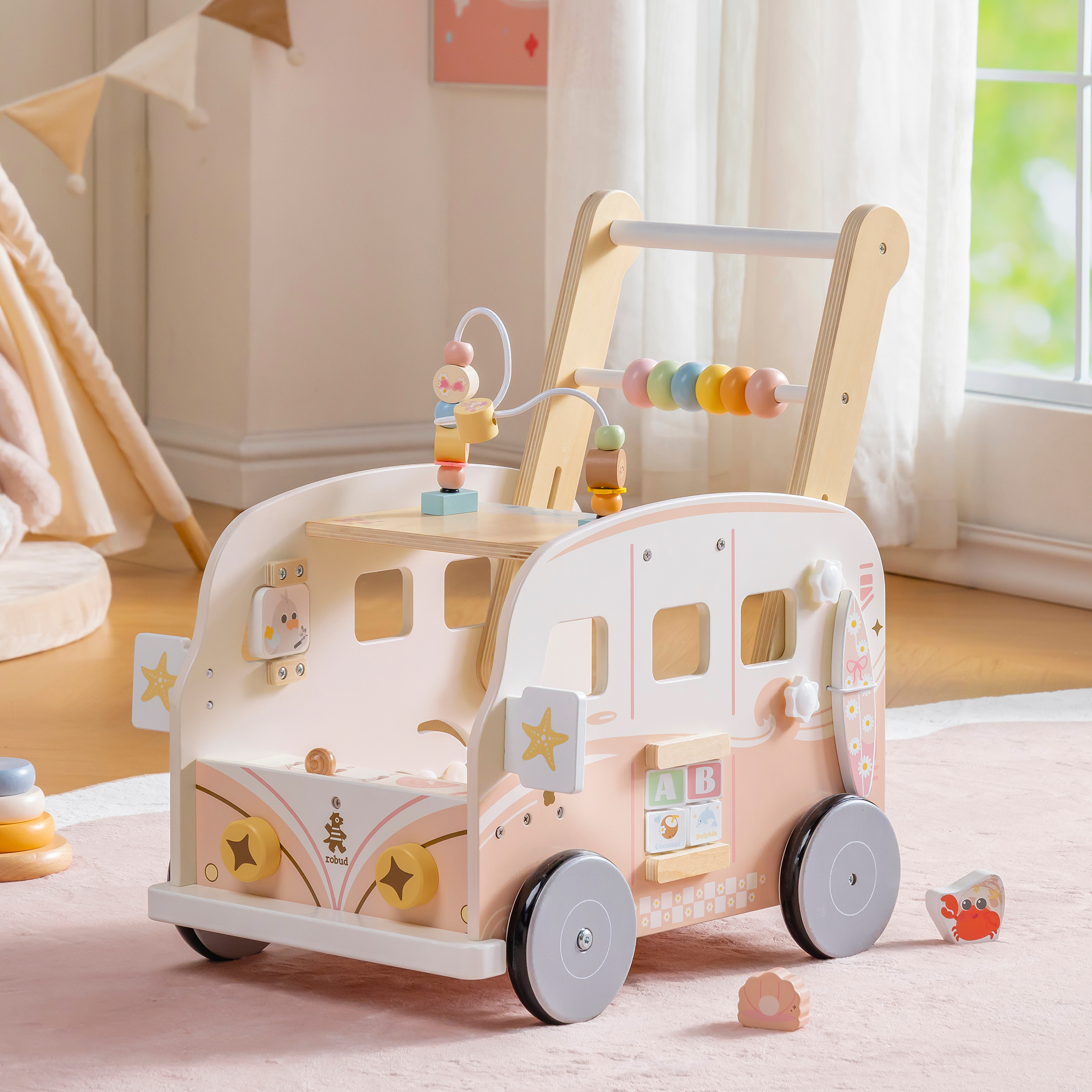 ROBUD Trotteur en Bois pour Bébé – Bus de Vacances Rose – Image 3