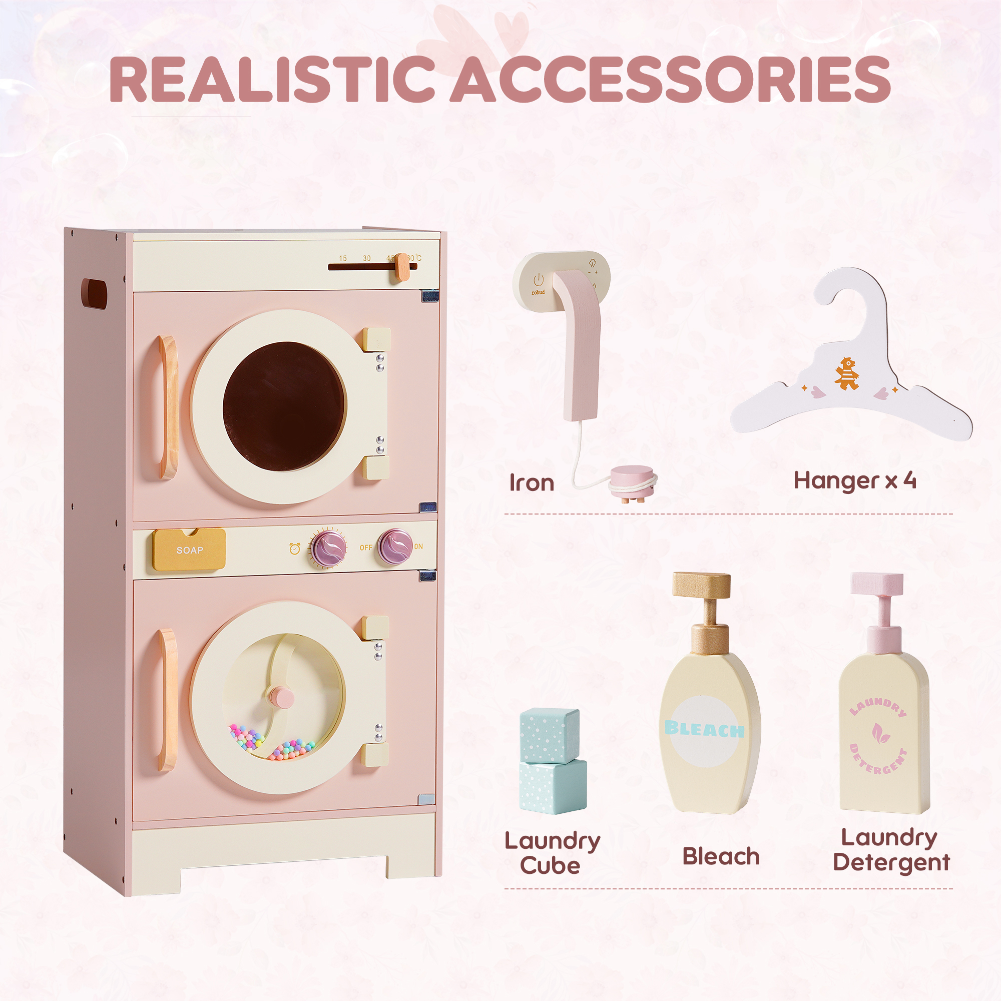ROBUD Wooden Pink Washing Machine With Dryer