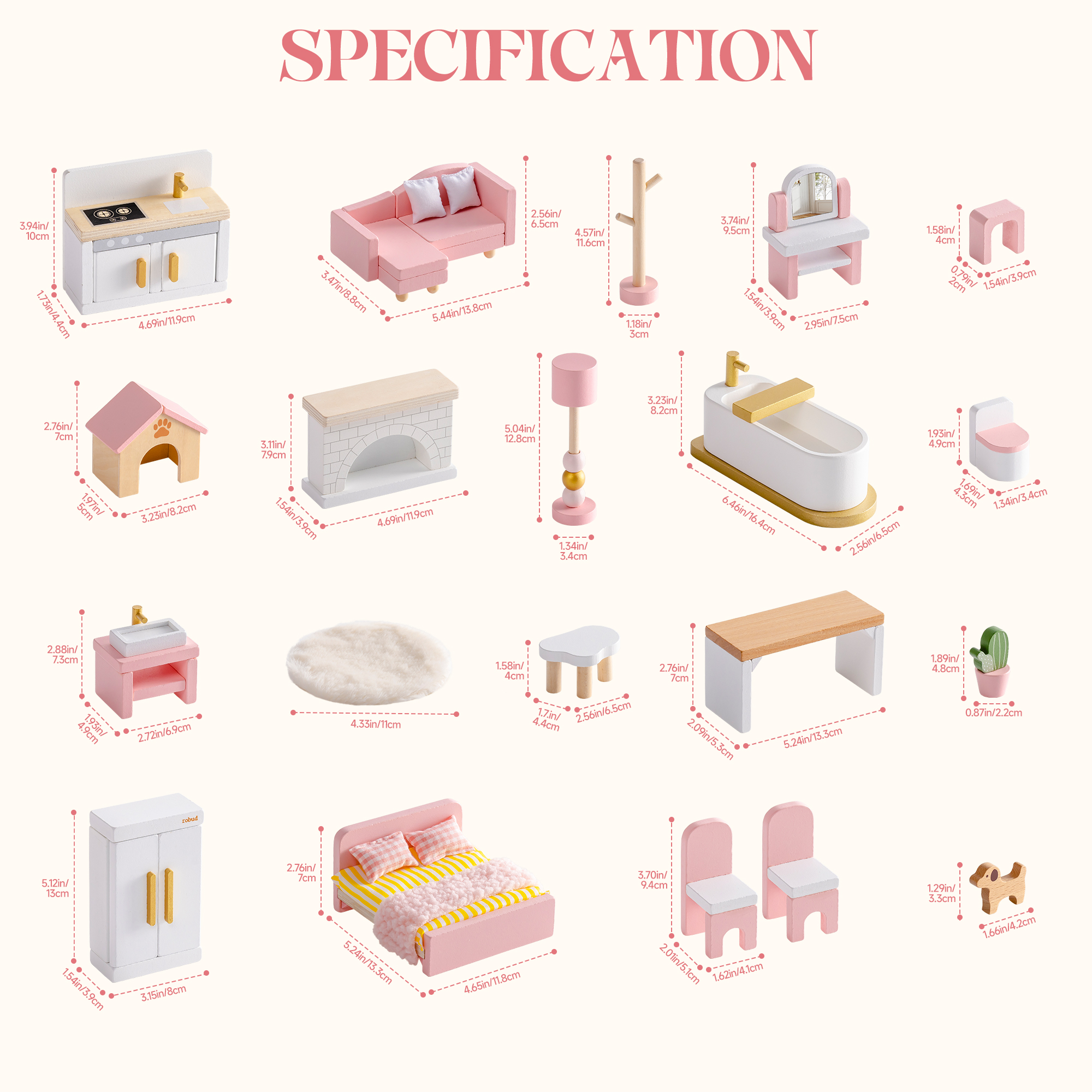 ROBUD Wooden Dollhouse Furniture Set - Pink