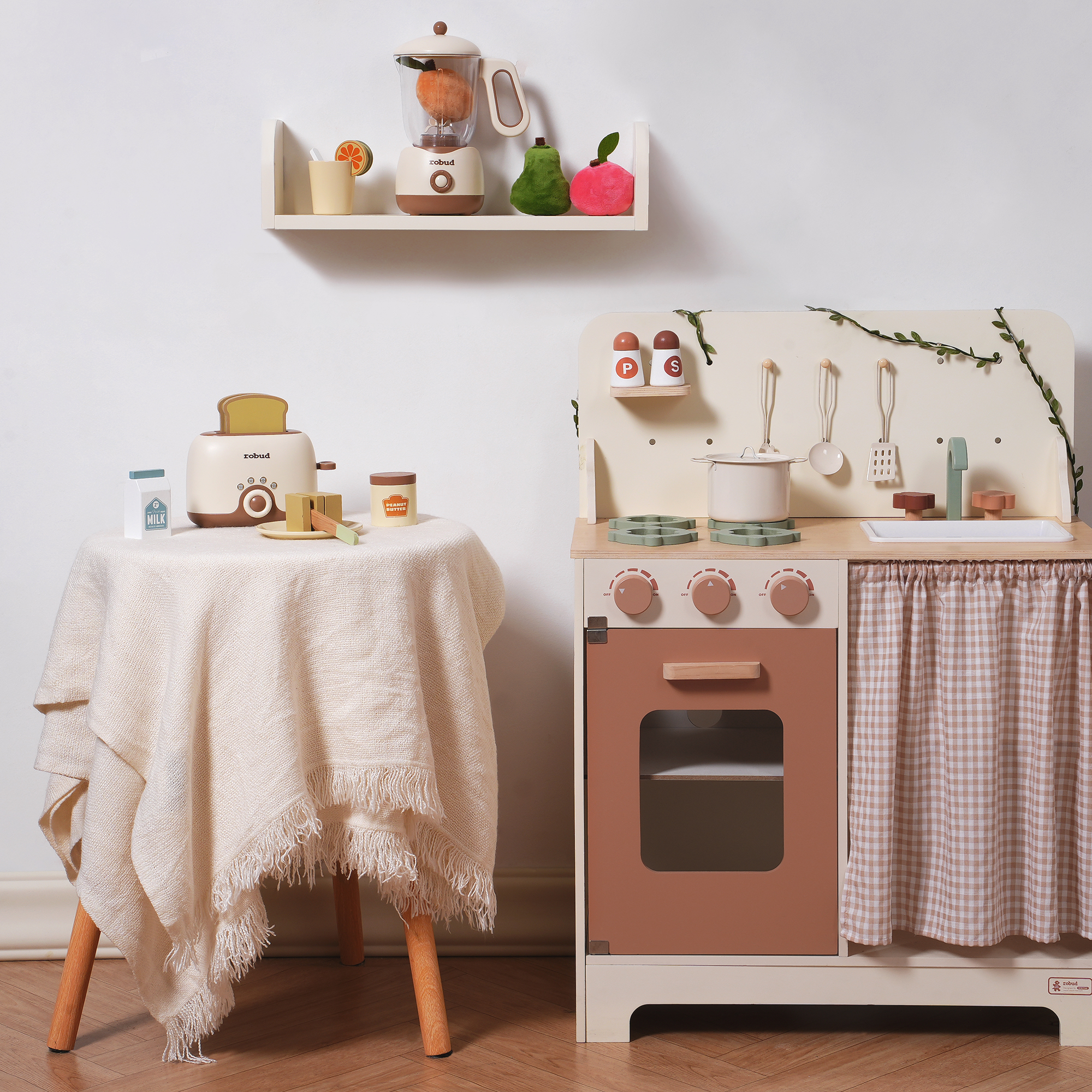 ROBUD Kitchenette Enfant en Bois - Crémeux (4 pièces)