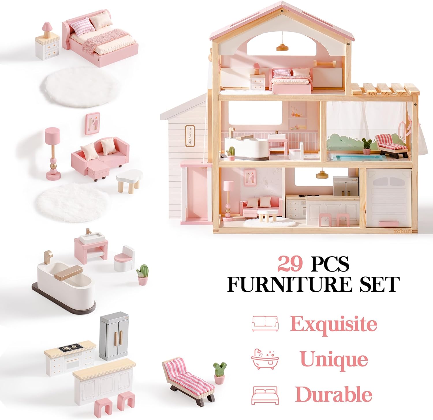 ROBUD Wooden Doll House - Dreamy Pink