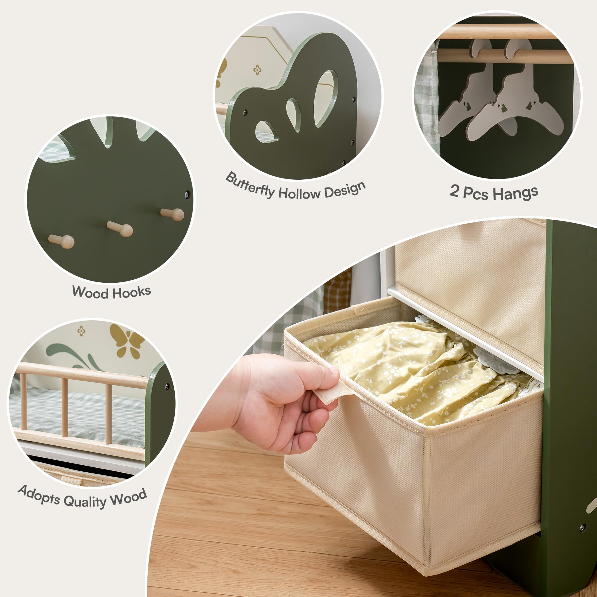 ROBUD Wooden Baby Doll Crib for Kids