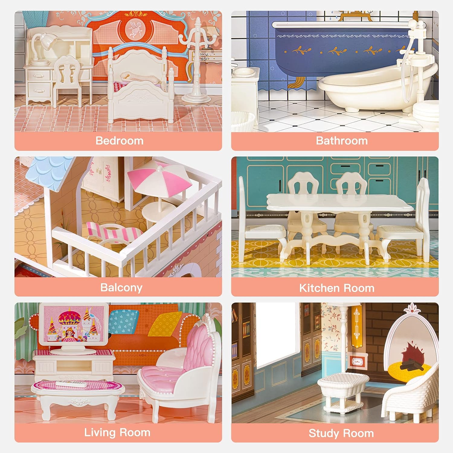 ROBUD Wooden Dollhouse for Kids Girls with Furniture