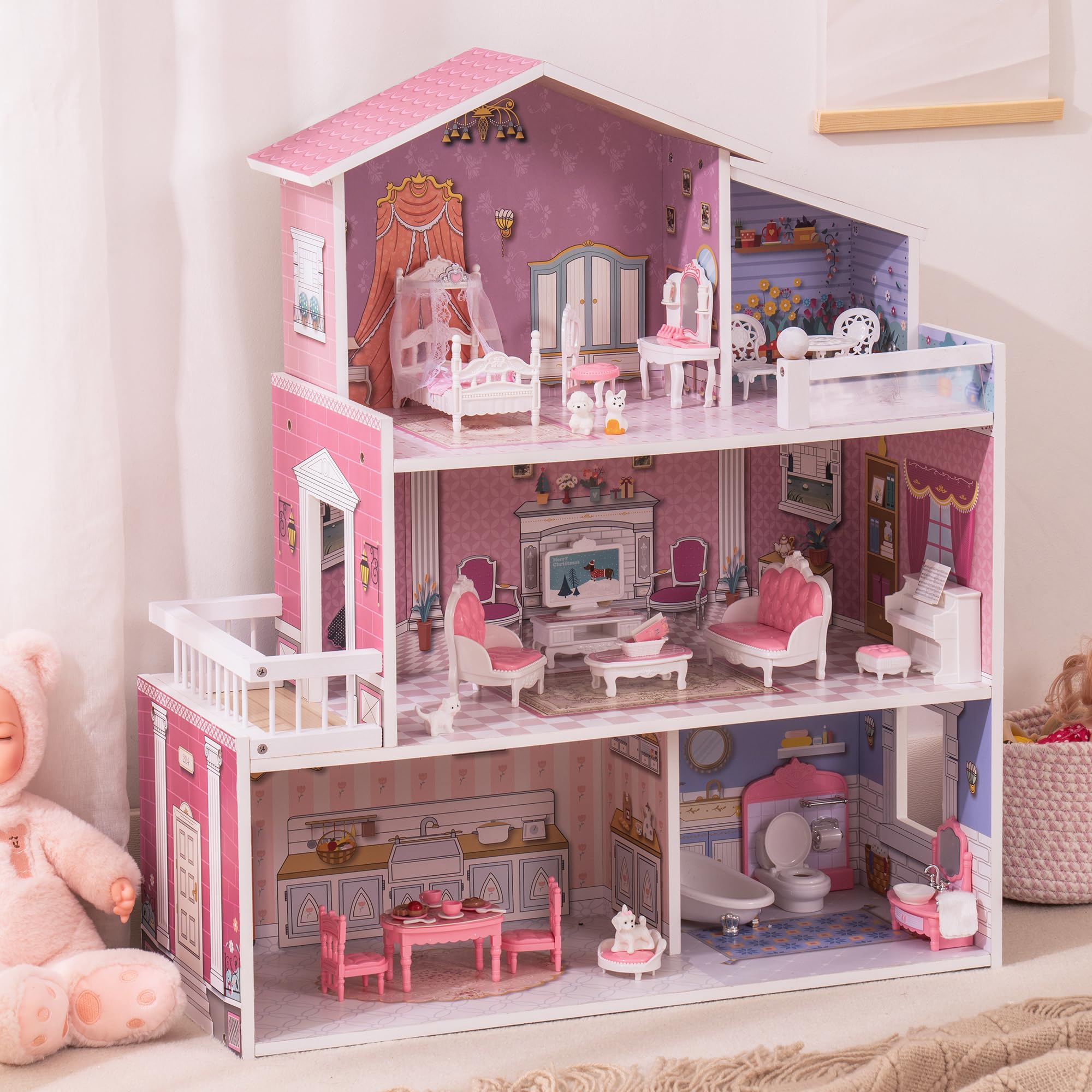 ROBUD Wooden Dollhouse for Kids with 24pcs Furniture Preschool