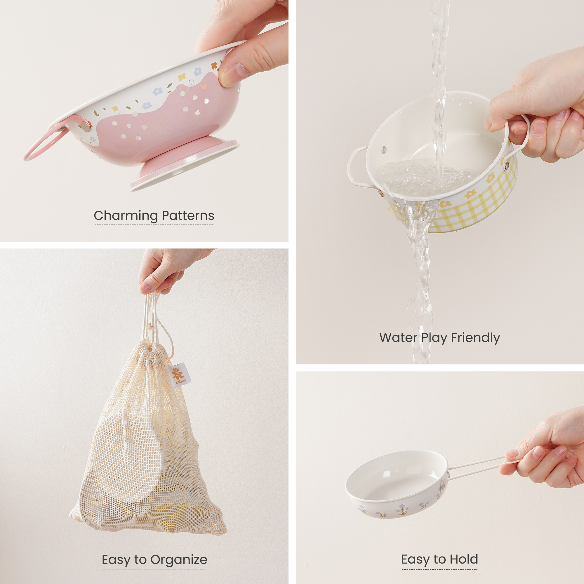 WCF65 patterned cookware, water play and drawstring storage details