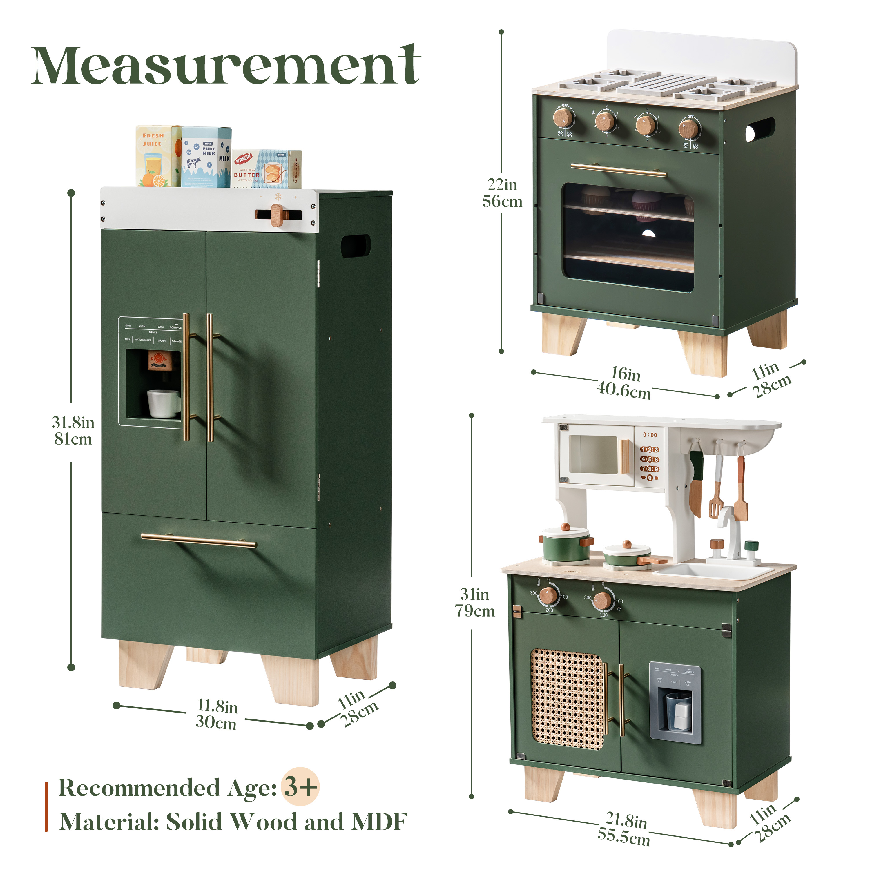 ROBUD Set da Cucina in Legno per Bambini 3 Pezzi – Verde Vintage