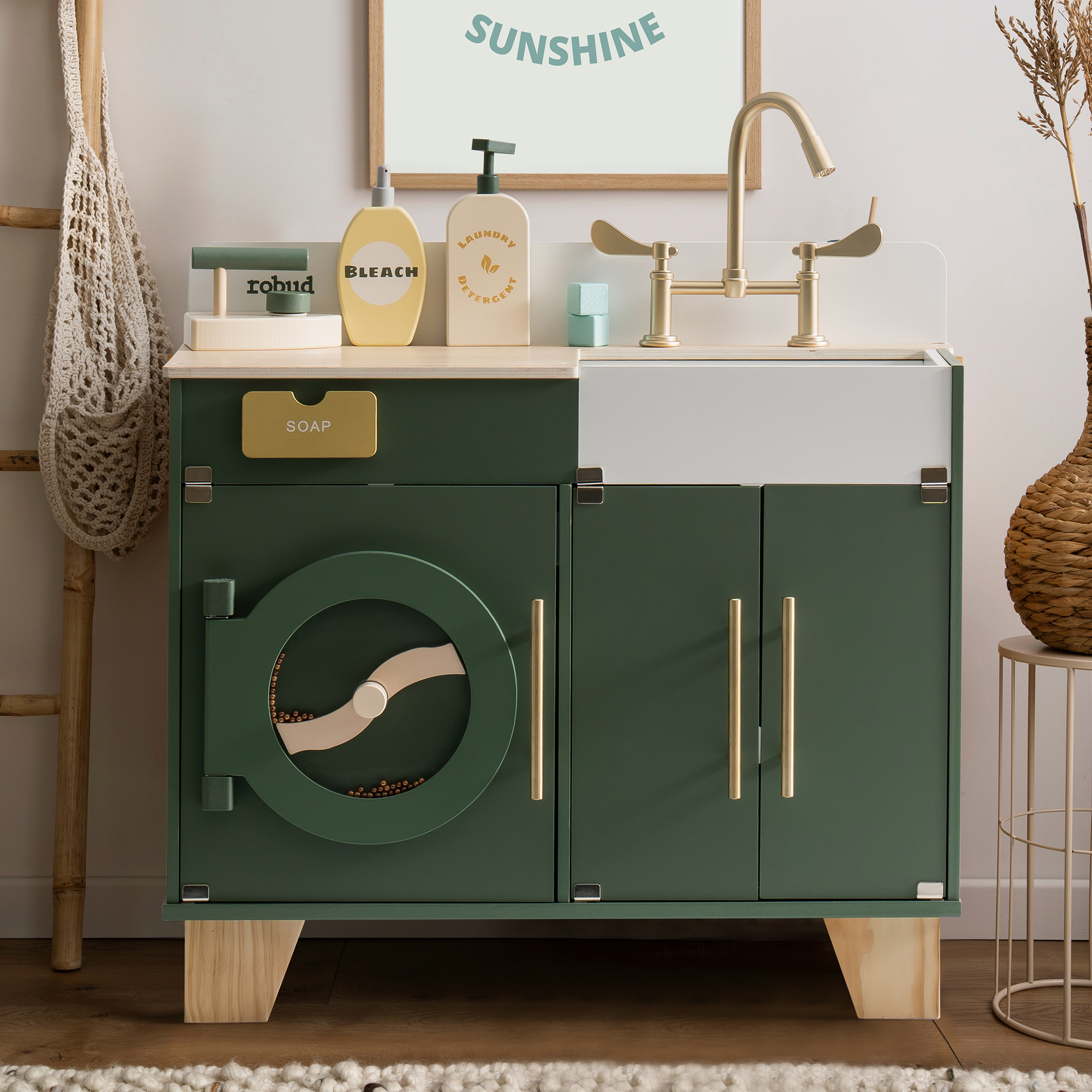 ROBUD Set da cucina in legno per bambini, 4 in 1, giocattolo da cucina con frigorifero, forno, lavello e lavatrice, giocattolo realistico tutto in 1