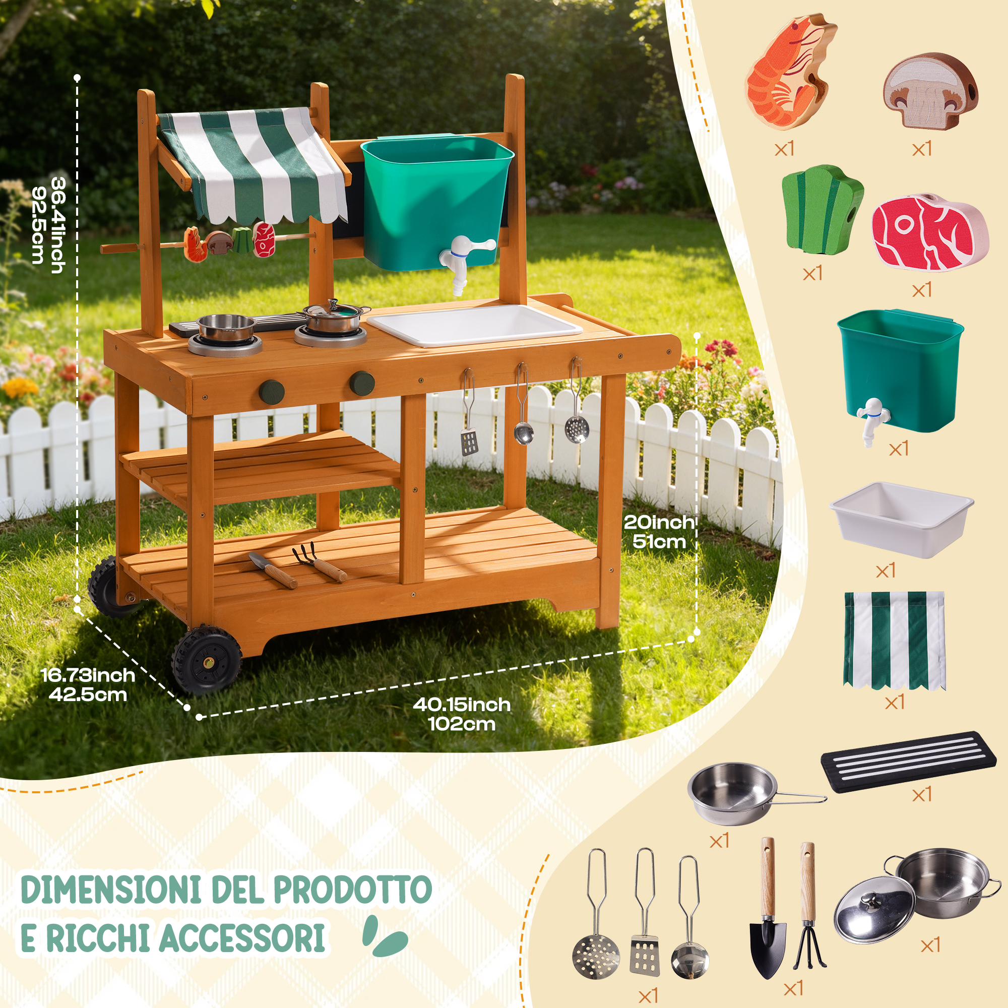 ROBUD Cucina di Fango per Bambini all'Aperto con Tettoia e Ruote