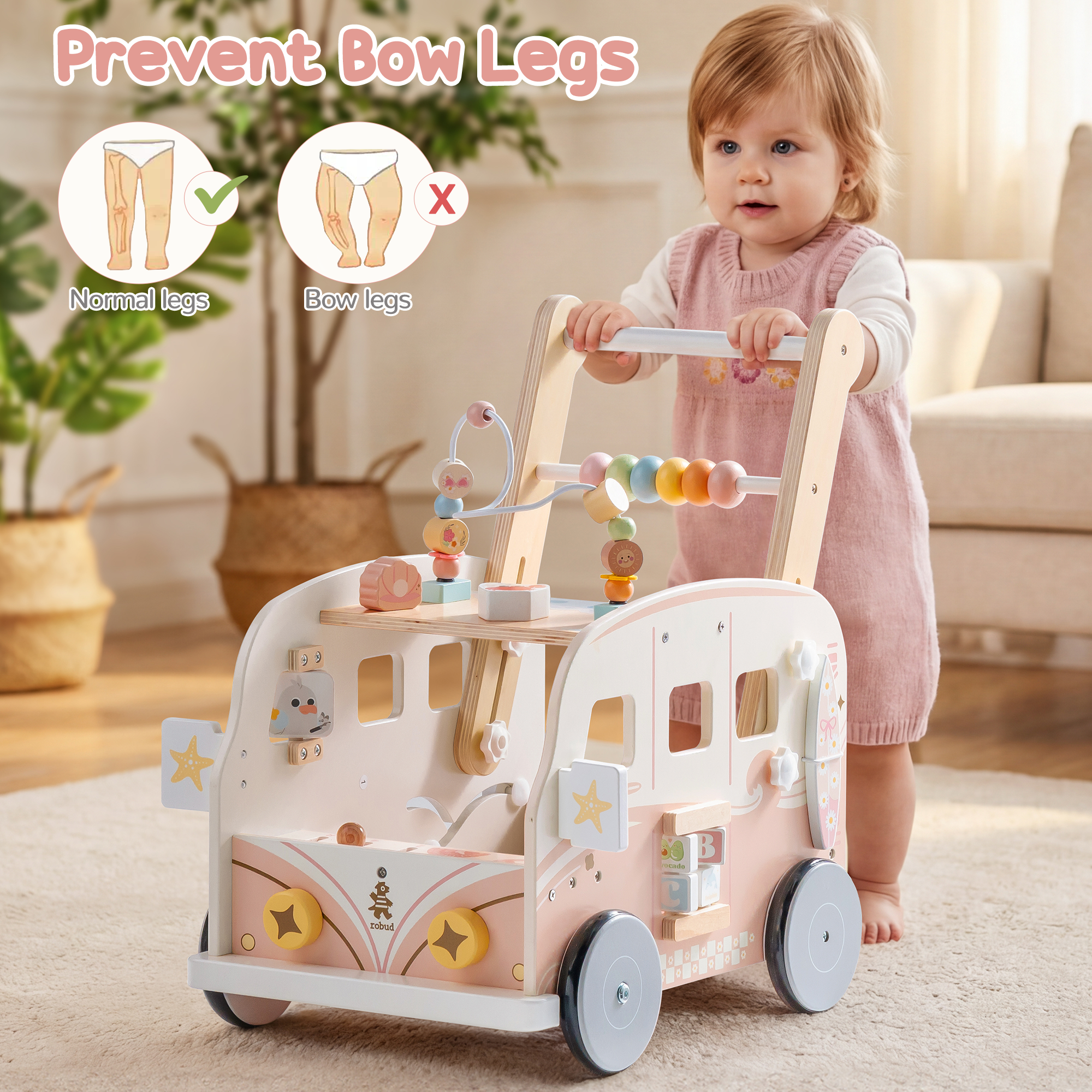 ROBUD Wooden Baby Push Walker - Pink Vacation Bus