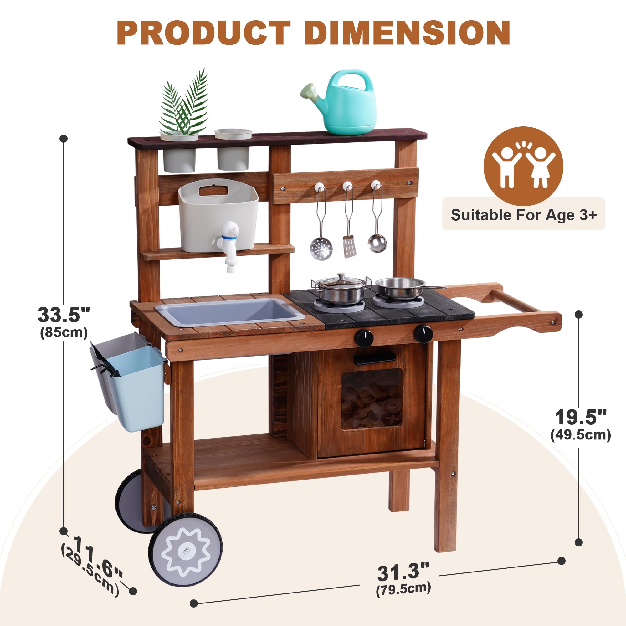 ROBUD Wooden Outdoor Kitchen Playset with Wheels - Mud